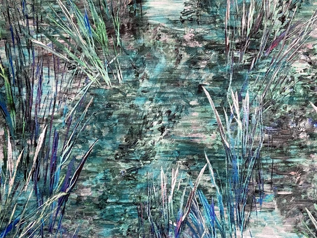 Cool teal velvet with painterly reeds, pale grasses and violet-blue accents