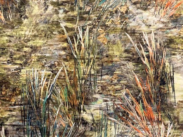 Painterly olive velvet with rust reeds, blue-green accents and layered watery texture