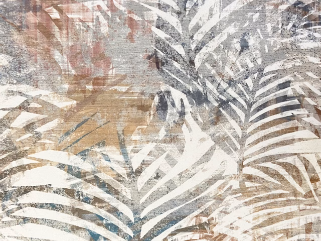 Blue-grey and blush palm fronds across a softly textured cream velvet ground