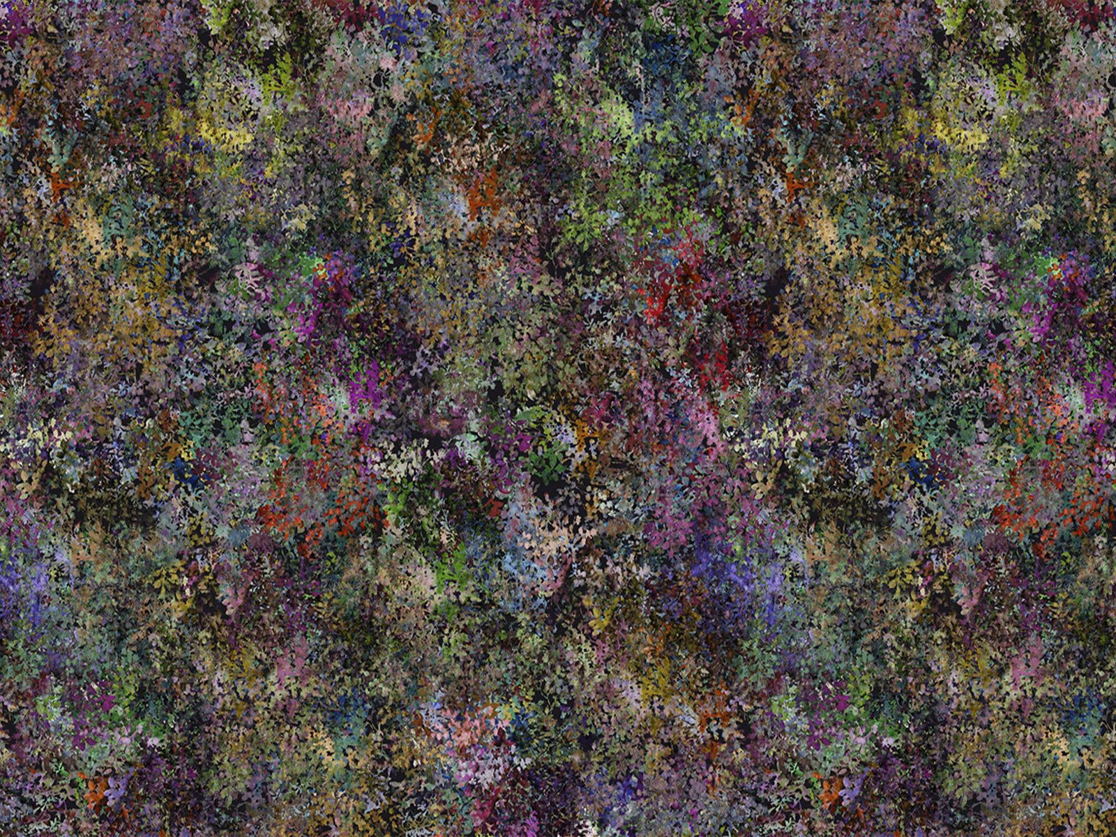 Dense multicoloured velvet with moss, plum, rust and teal painterly flecks