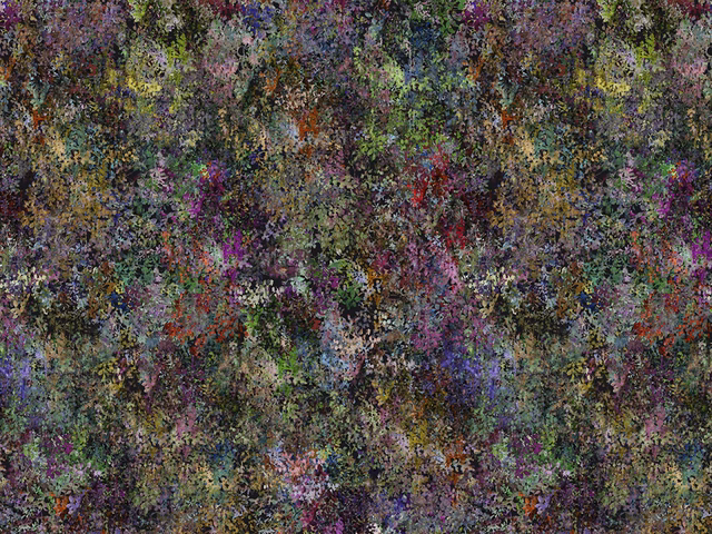 Dense multicoloured velvet with moss, plum, rust and teal painterly flecks
