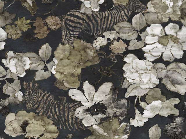 Charcoal velvet with ivory blooms, olive leaves and striped animal motifs