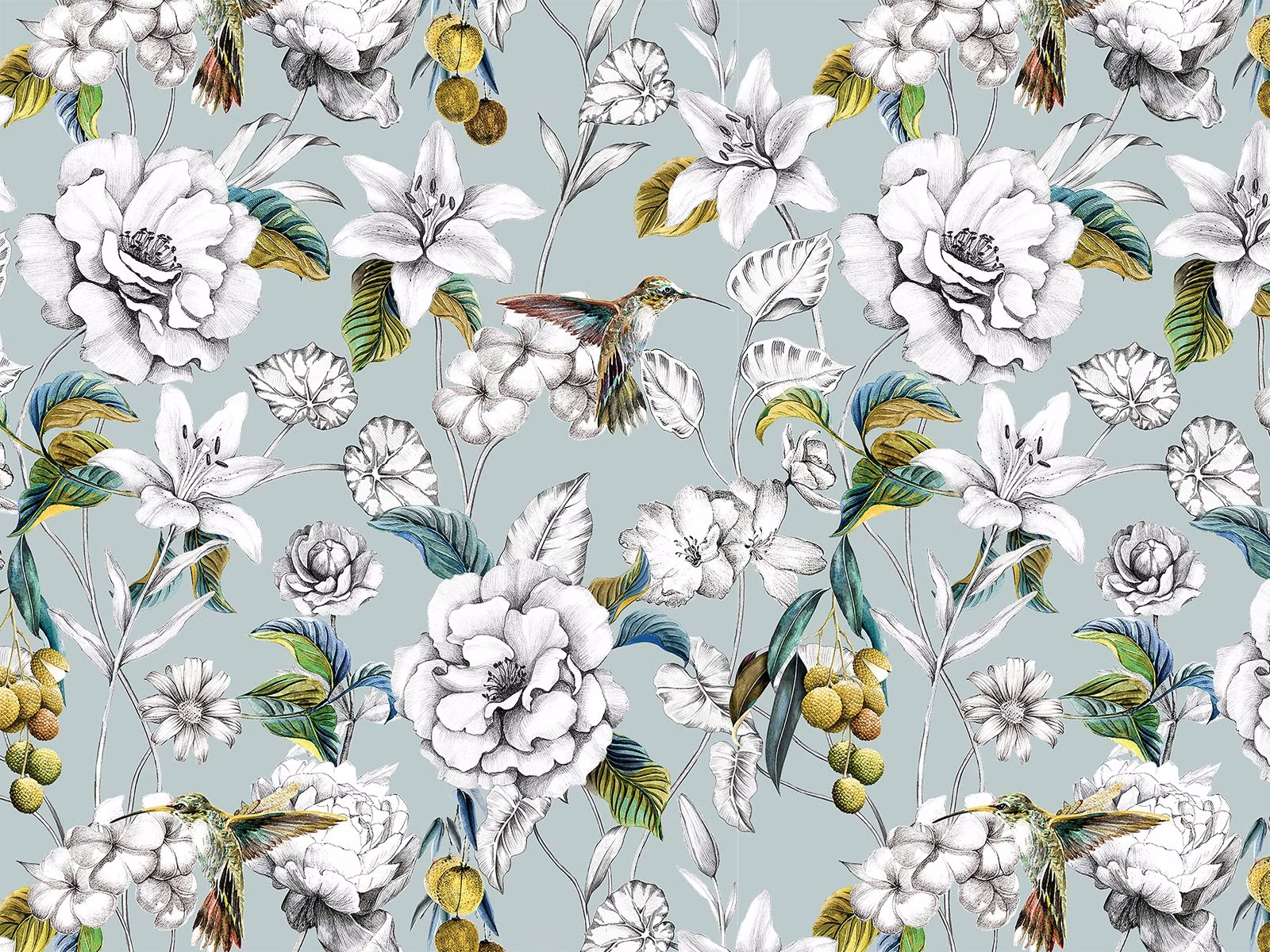 Misty blue velvet with white flowers, hummingbirds, teal leaves and mustard accents