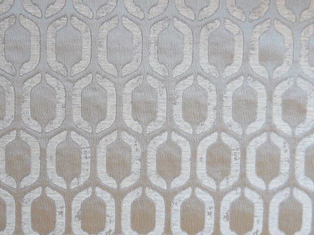 Pale silver-grey chenille with repeating taupe lantern motifs and textured weave