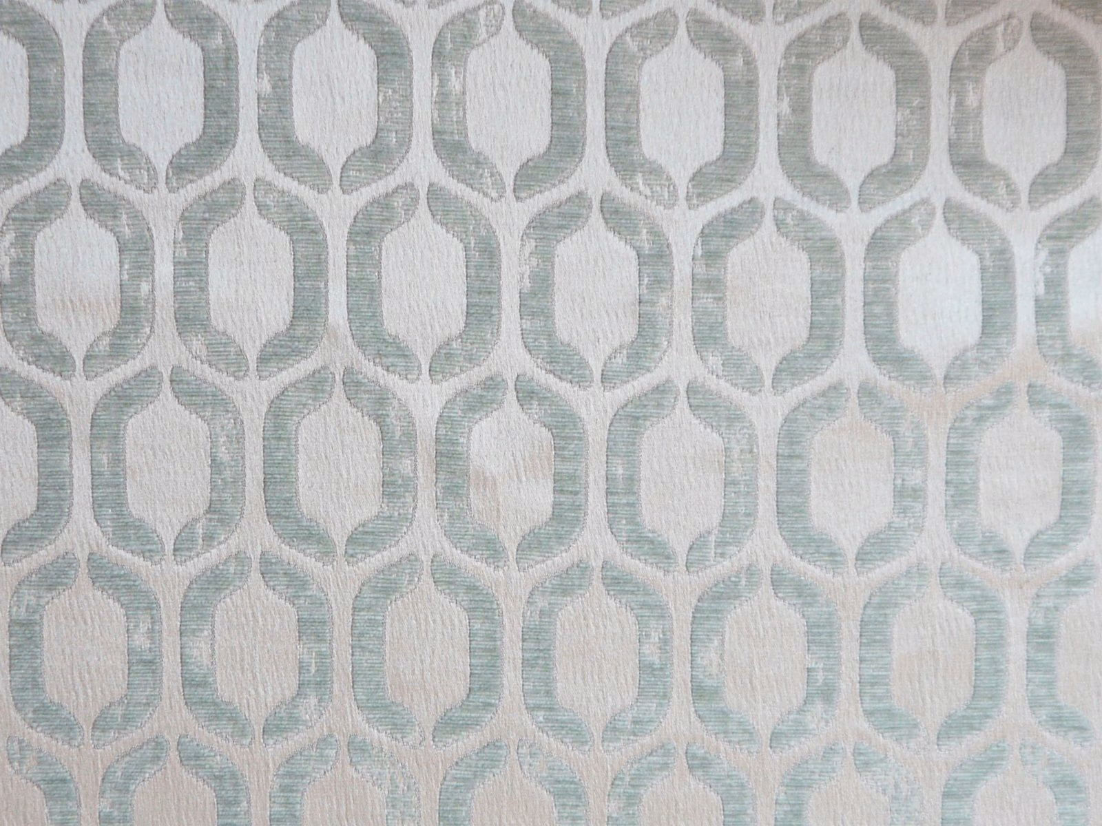 Pale seafoam aqua chenille with ivory rounded geometric lattice pattern