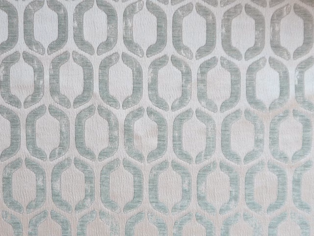 Pale seafoam aqua chenille with ivory rounded geometric lattice pattern
