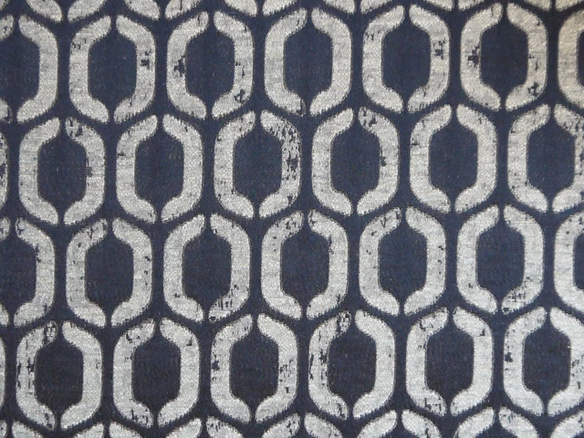 Deep navy chenille with pale grey linked arch motifs and softly textured weave