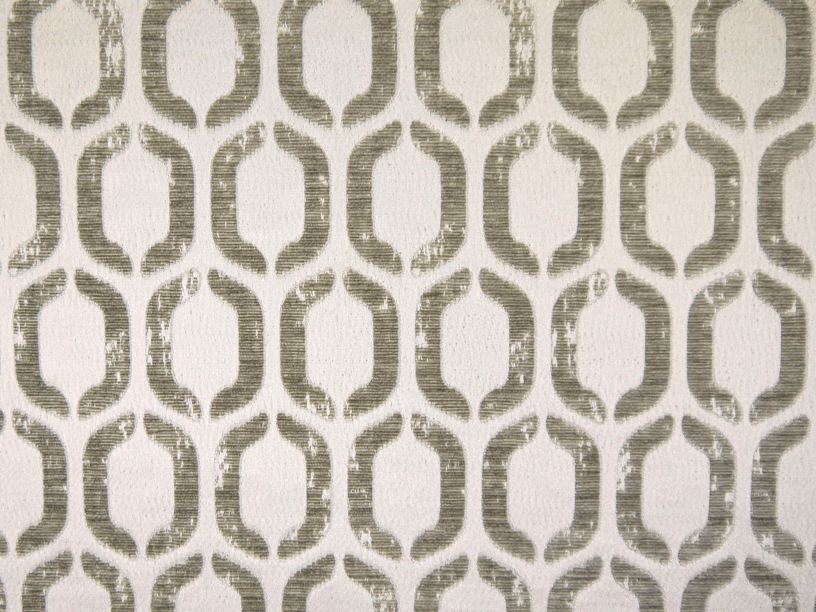 Muted olive-grey and ivory chenille with a repeating rounded geometric lattice weave