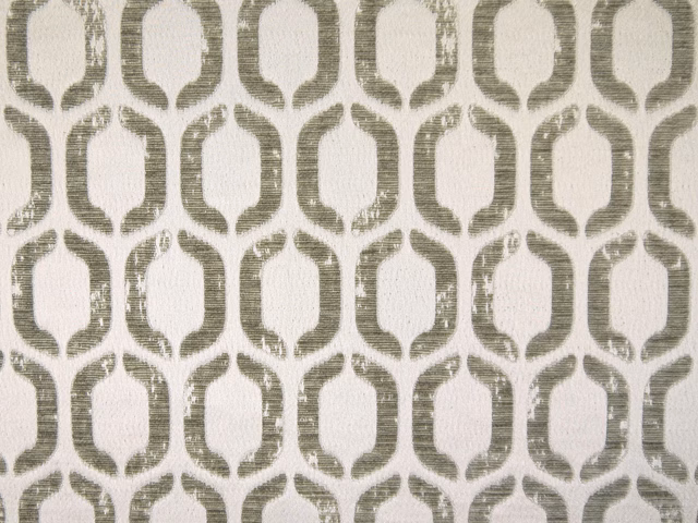 Muted olive-grey and ivory chenille with a repeating rounded geometric lattice weave