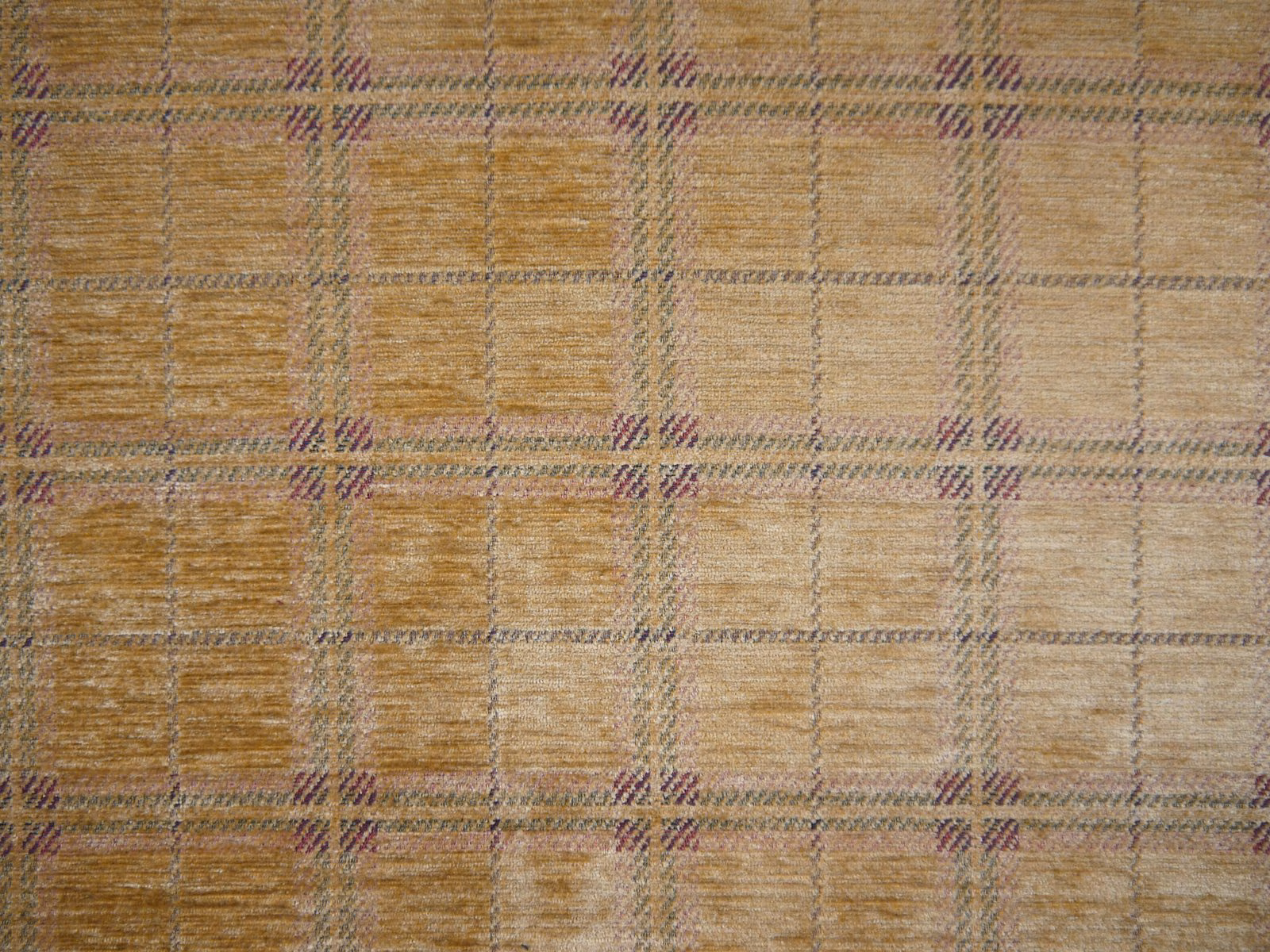 Warm tan chenille with muted grey, mauve and burgundy windowpane checks