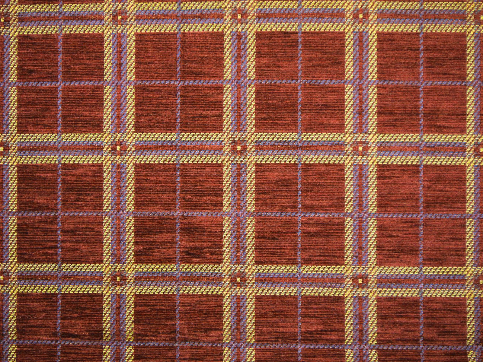 Deep burgundy chenille plaid with mustard and blue-purple windowpane checks