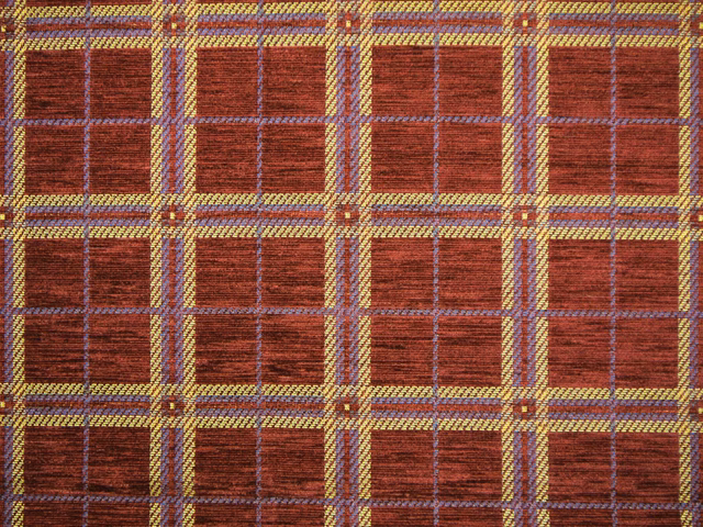 Deep burgundy chenille plaid with mustard and blue-purple windowpane checks