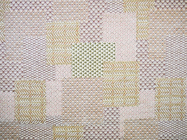 Muted sage, blush, beige and grey chenille with patchwork geometric blocks