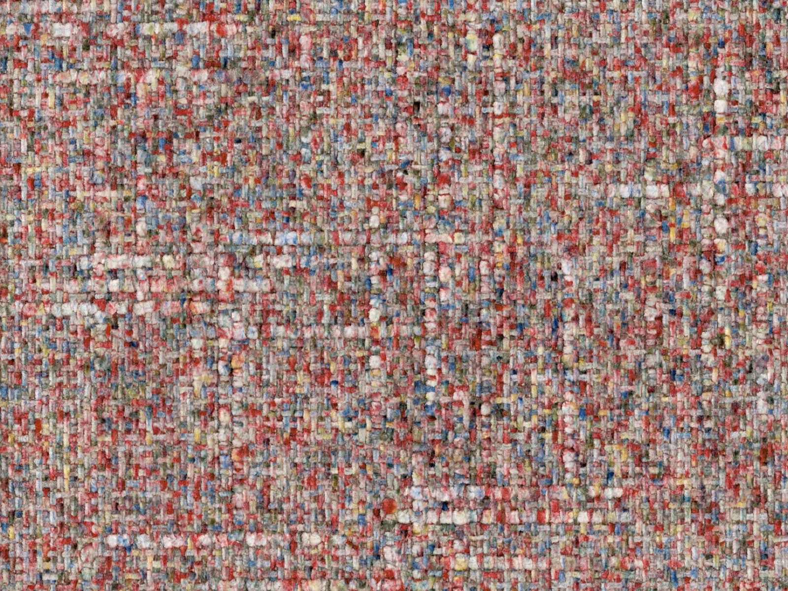 Mottled chenille weave in grey, ivory, brick red, blue and charcoal threads