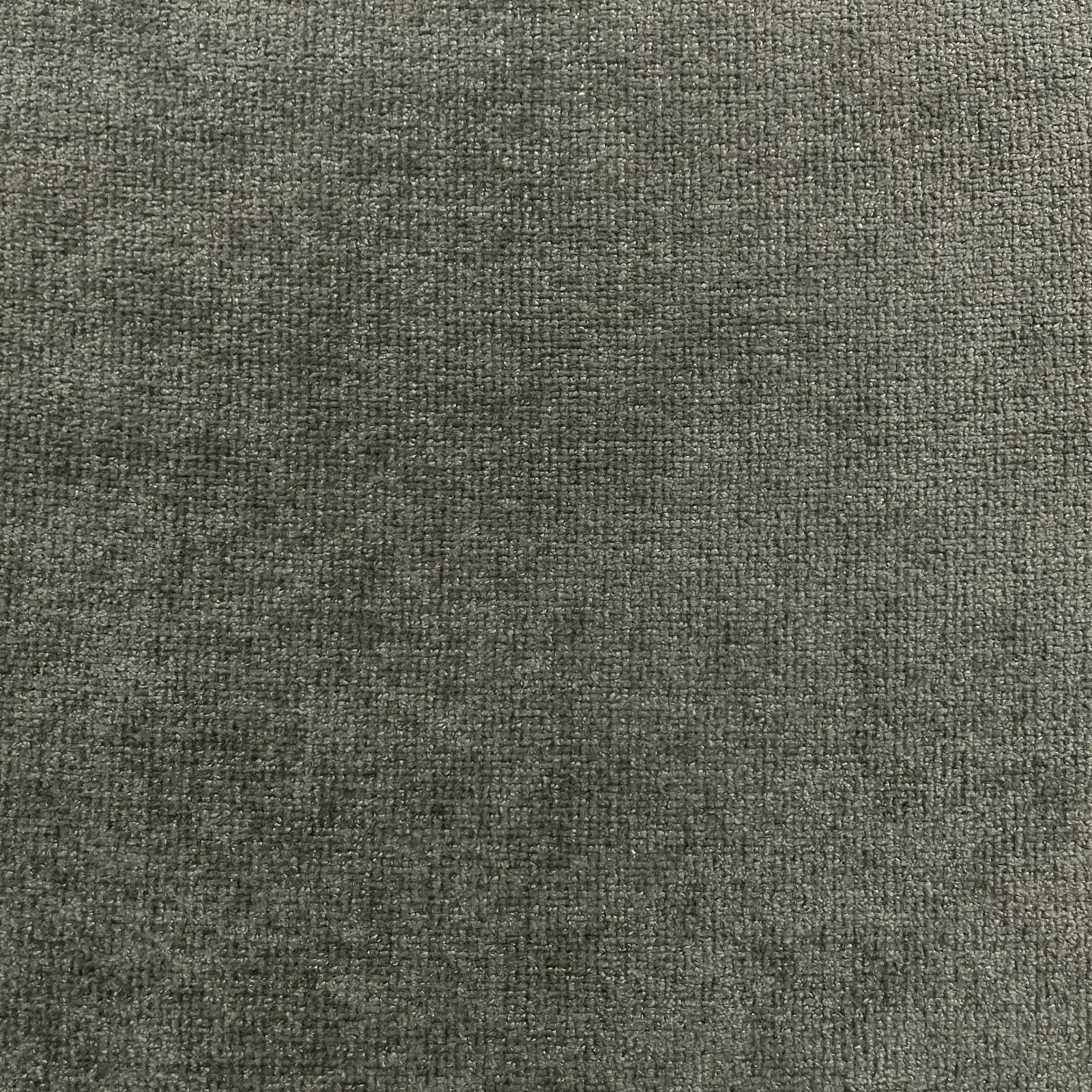 Muted olive-grey chenille with fine mottled weave and charcoal tonal texture