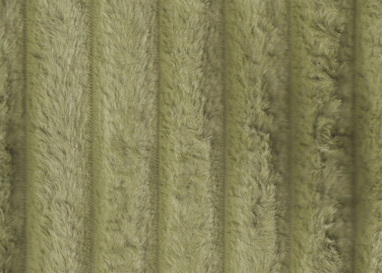 Muted olive-green faux fur with shaggy pile and tonal vertical bands