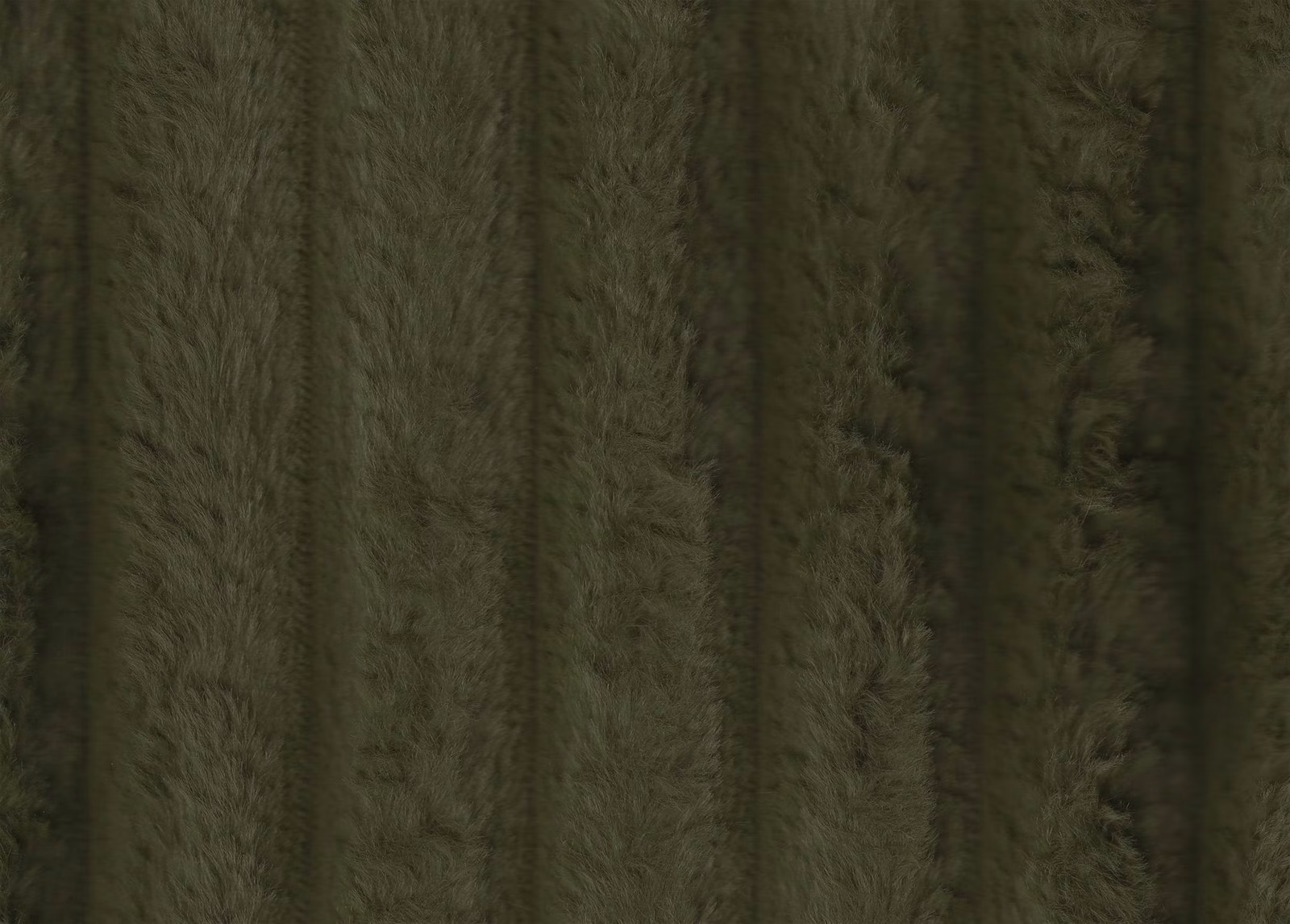 Deep olive faux fur with vertical shaggy pile and darker ribbed bands