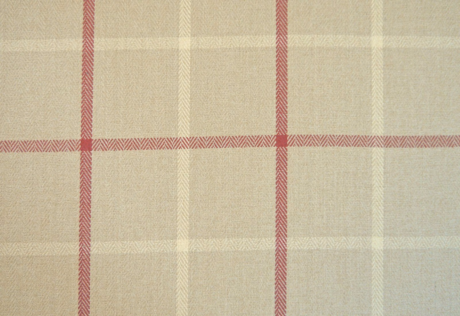Oatmeal beige woven chenille with coral-red plaid and pale cream stripes
