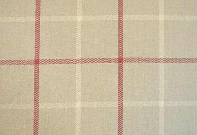 Oatmeal beige woven chenille with coral-red plaid and pale cream stripes