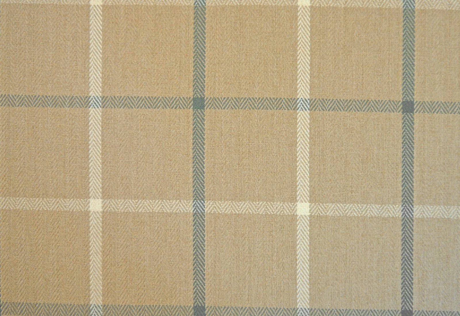 Warm beige chenille check with muted blue-grey and ivory woven lines