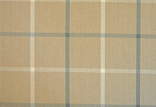 Warm beige chenille check with muted blue-grey and ivory woven lines
