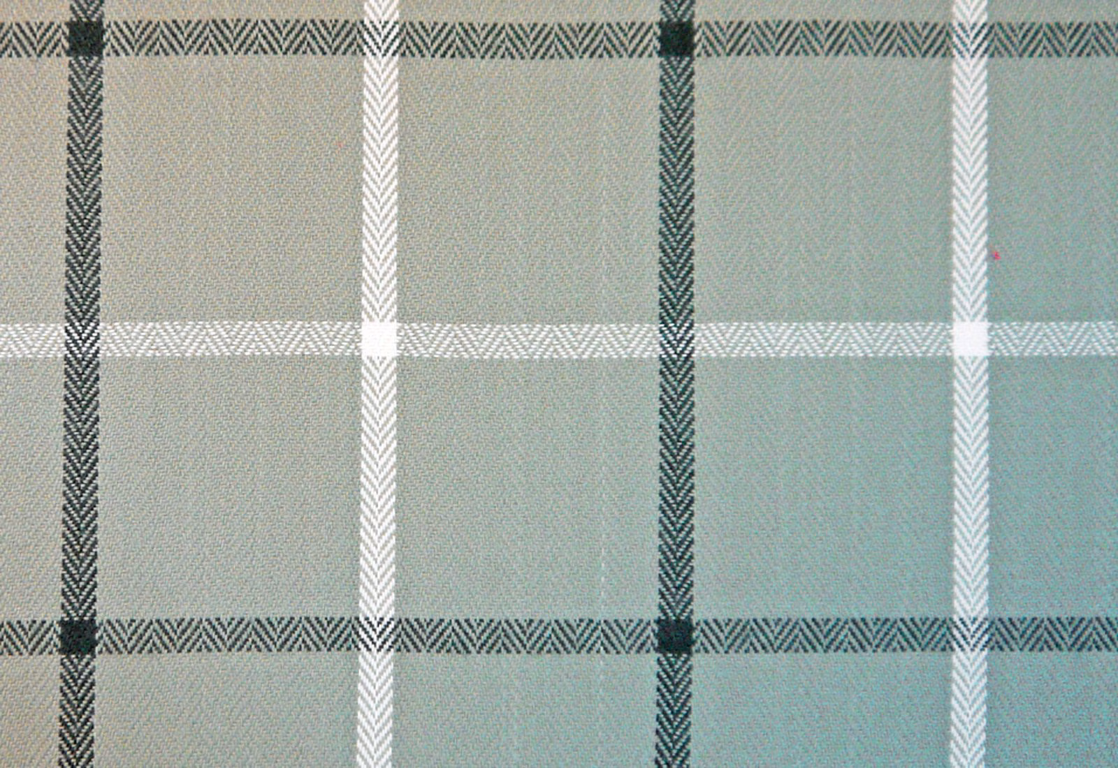 Muted sage-green chenille plaid with deep blue-green and white woven bands