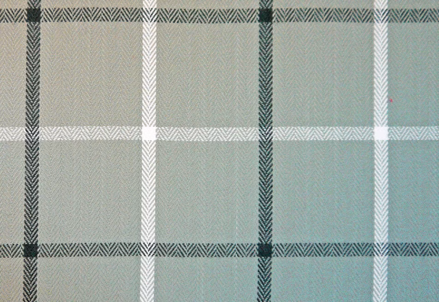 Muted sage-green chenille plaid with deep blue-green and white woven bands