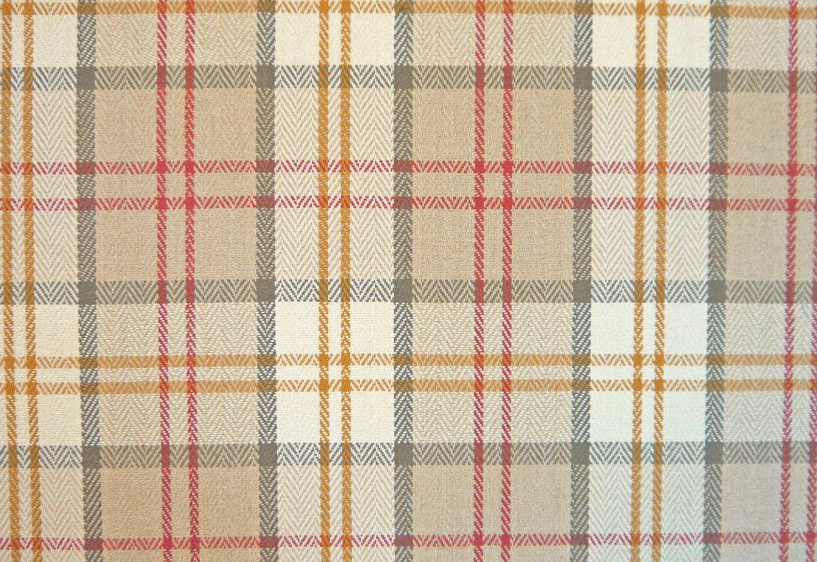 Cream chenille plaid with muted red, ochre, grey and pale teal checks