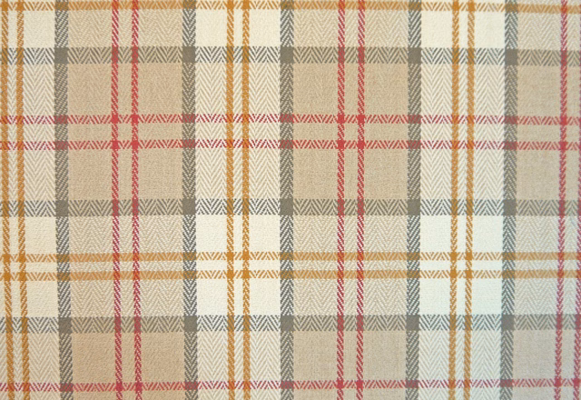 Cream chenille plaid with muted red, ochre, grey and pale teal checks