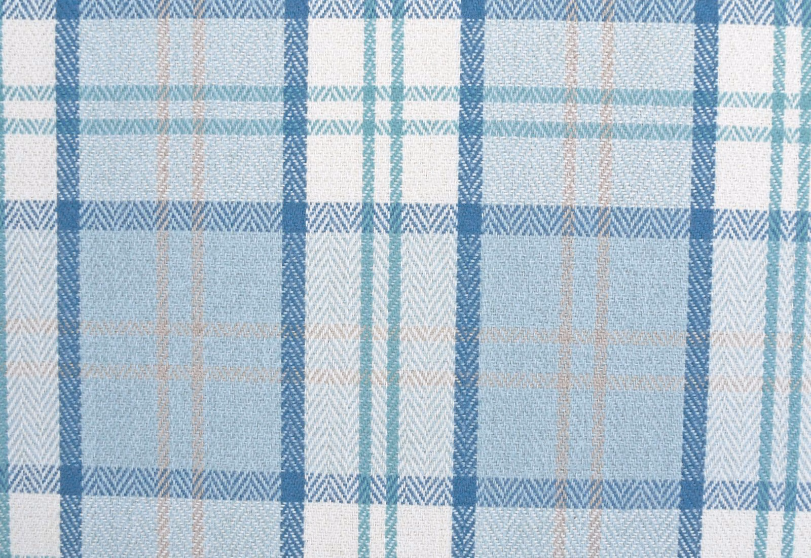 Pale blue and white plaid chenille with zigzag bands and subtle peach stripes