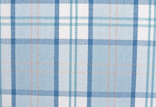Pale blue and white plaid chenille with zigzag bands and subtle peach stripes