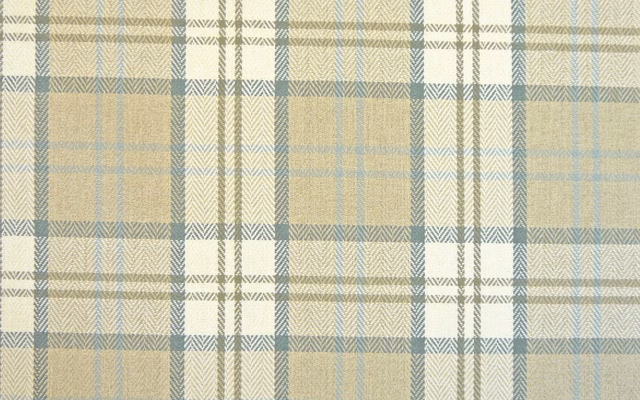 Soft sage-blue, oat and cream chenille with a fine woven plaid check