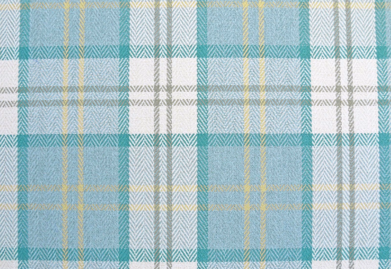 Pale aqua chenille plaid with turquoise bands, grey checks and mustard threads