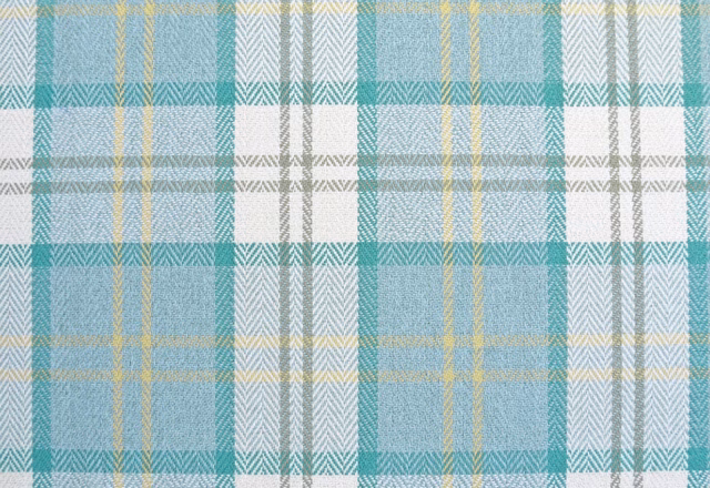 Pale aqua chenille plaid with turquoise bands, grey checks and mustard threads