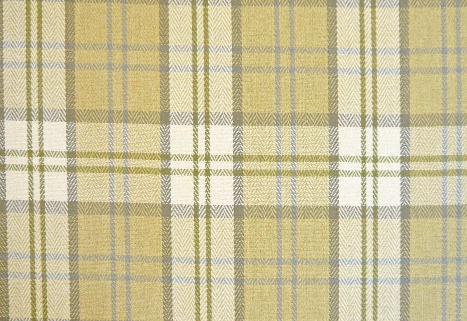 Muted sage, ochre, cream and grey chenille plaid with a softly tactile weave