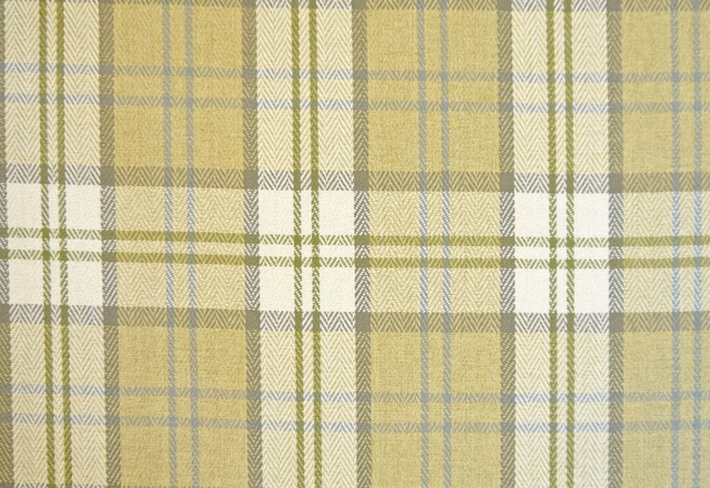 Muted sage, ochre, cream and grey chenille plaid with a softly tactile weave
