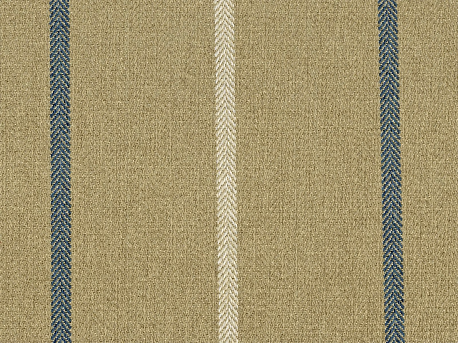 Warm khaki chenille with slim teal-blue and ivory vertical stripes