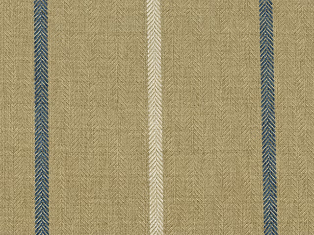 Warm khaki chenille with slim teal-blue and ivory vertical stripes