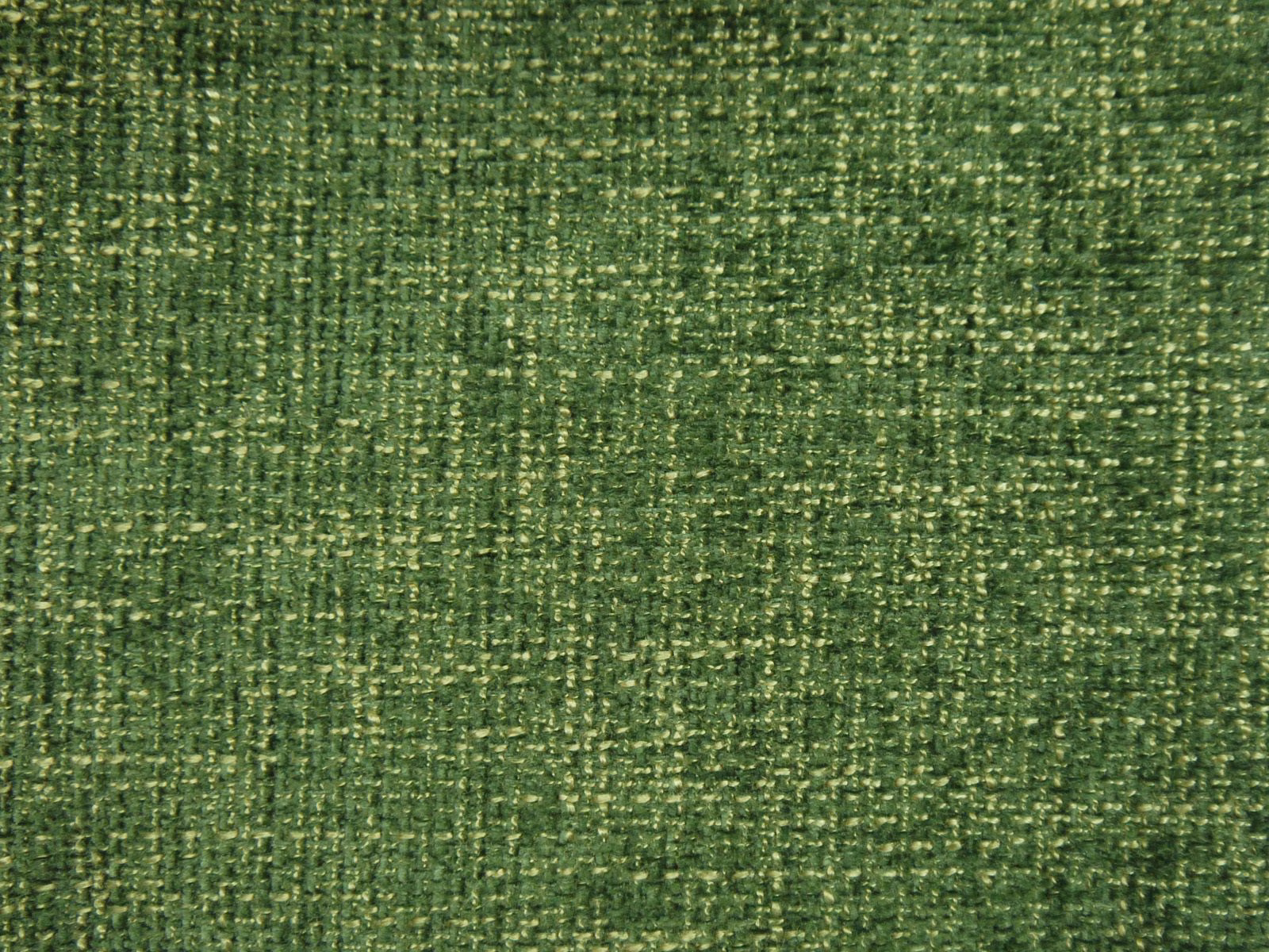 Moss-green chenille close-up with pale flecks and irregular woven texture