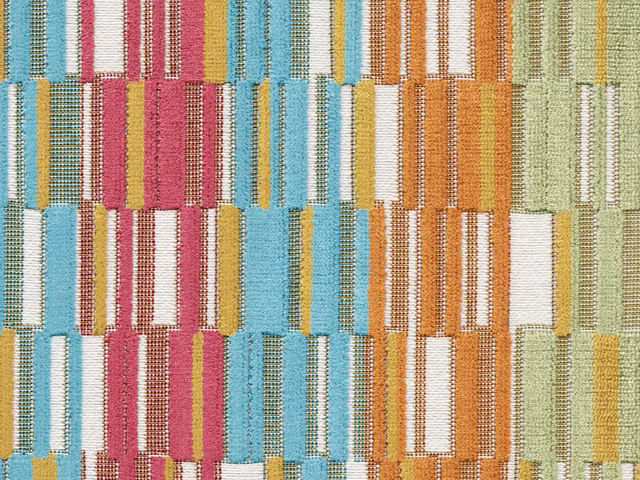 Multicoloured geometric velvet with turquoise, raspberry, ochre, rust and sage block stripes
