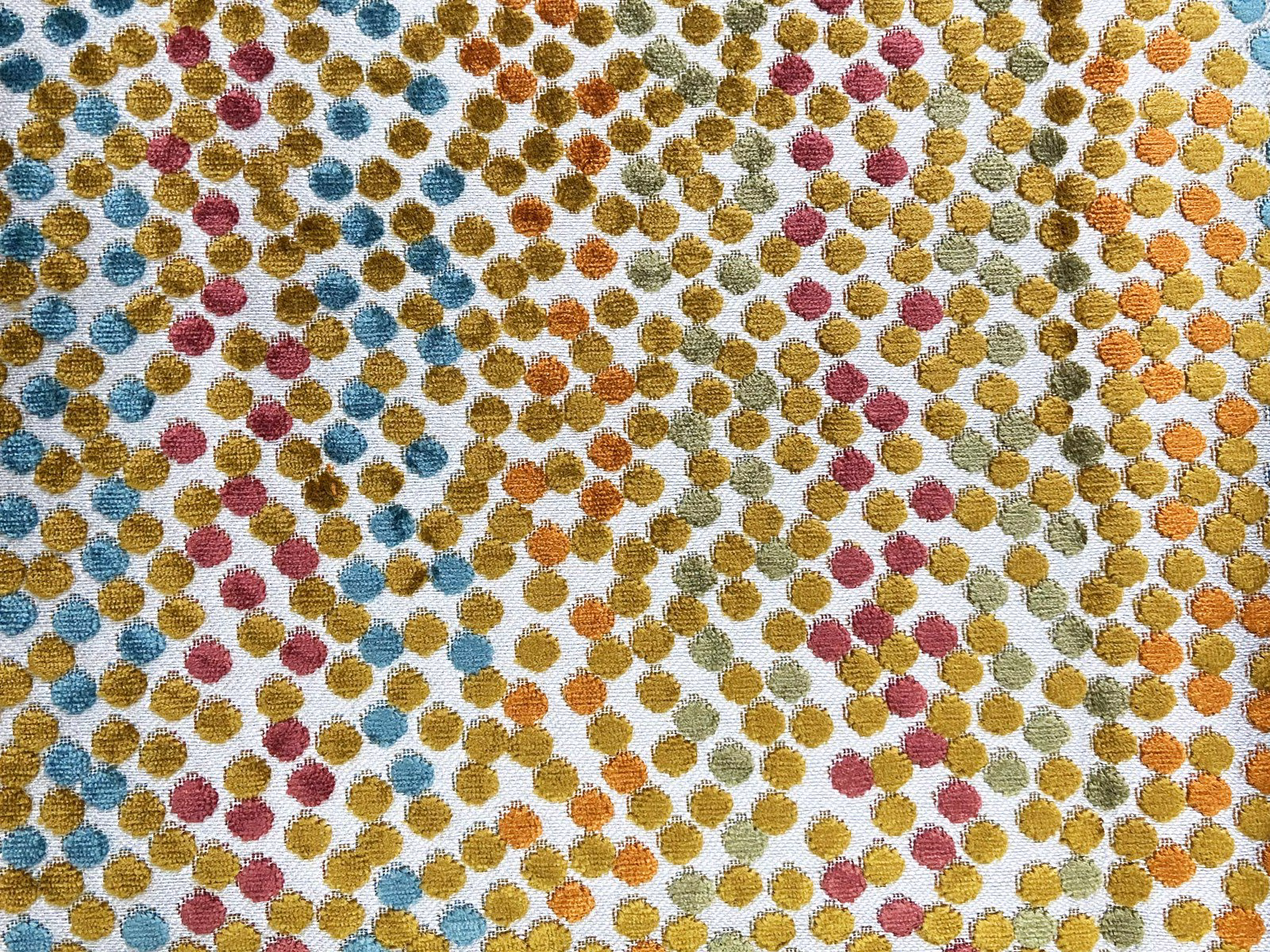 Cream velvet with small teal, ochre, olive, rust and berry flecks in diagonal rows