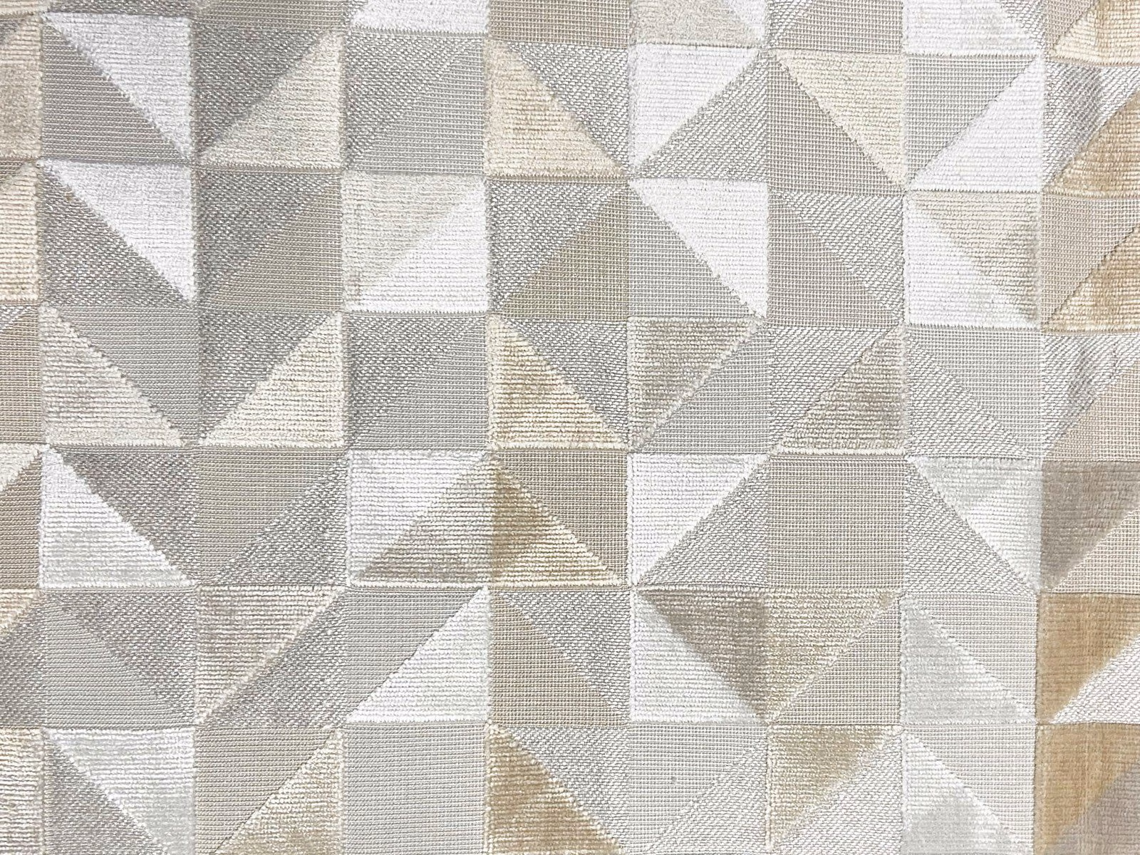 Pale grey geometric velvet with ivory and taupe angular patchwork squares