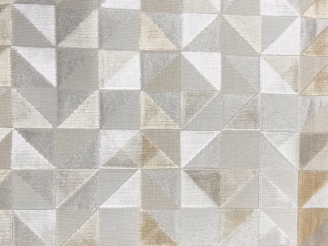 Pale grey geometric velvet with ivory and taupe angular patchwork squares