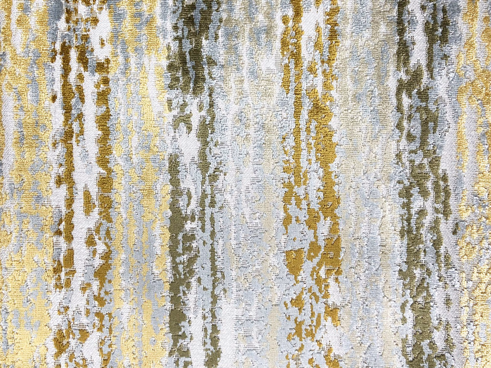Pale blue-grey velvet with cream, ochre and olive vertical painterly striations