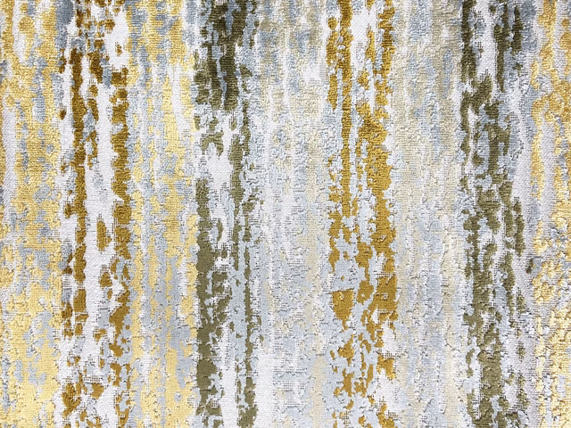 Pale blue-grey velvet with cream, ochre and olive vertical painterly striations