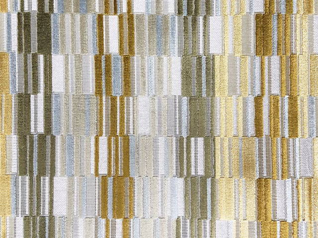 Olive, ochre, cream and pale blue vertical block-pattern velvet