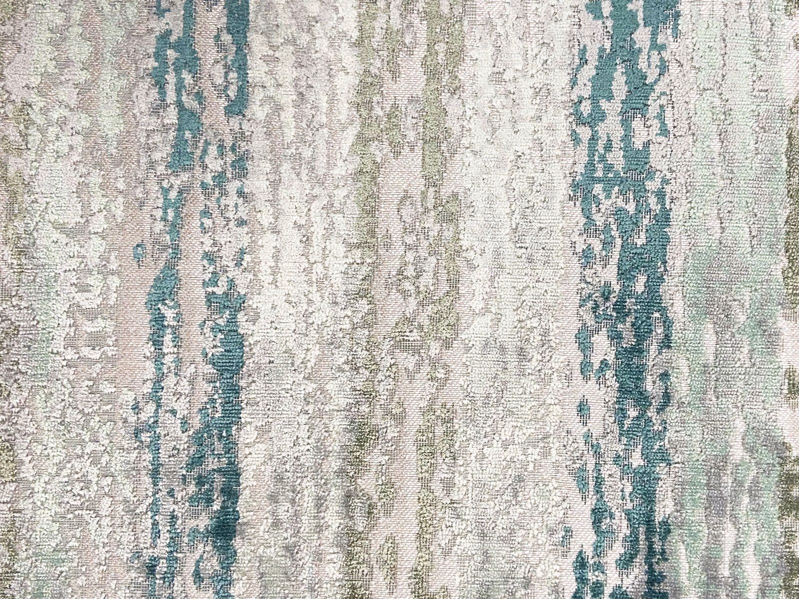 Pale mineral velvet with distressed vertical bands in teal, sage and soft blush