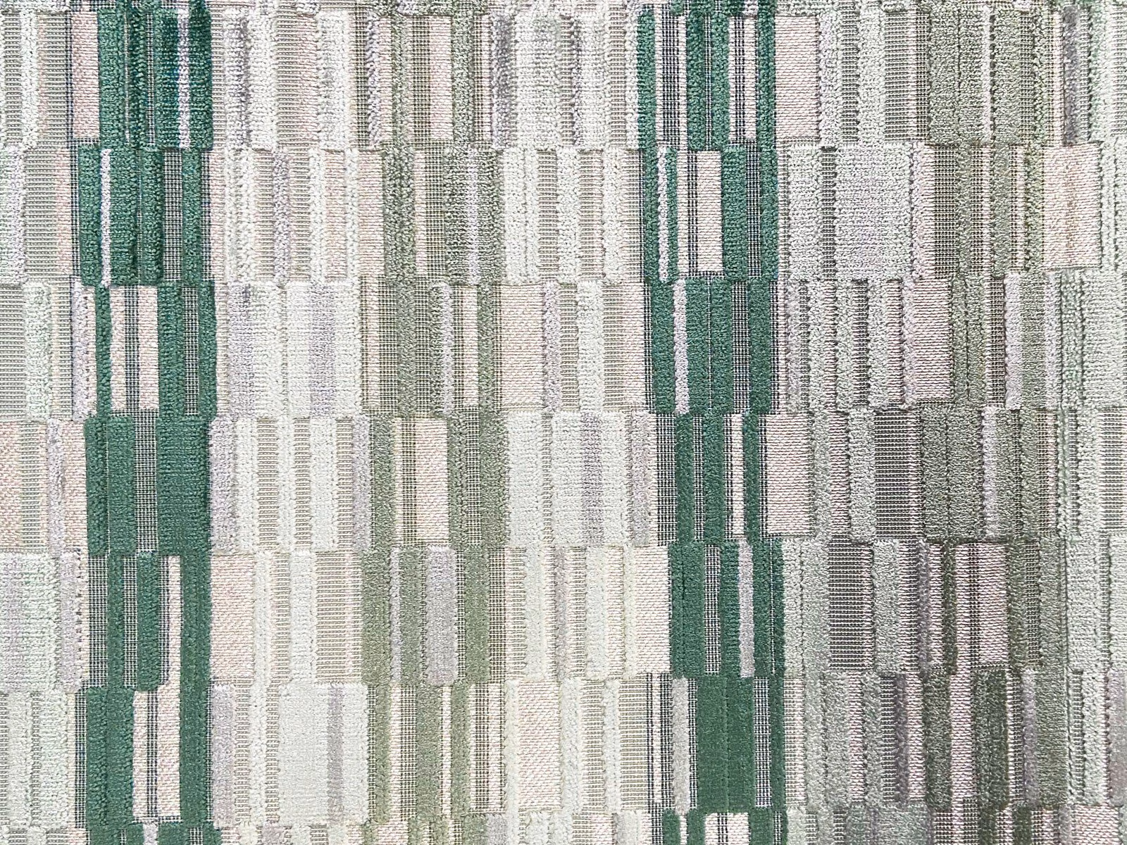 Sage green, grey and ivory velvet with irregular vertical rectangular blocks and fine ribbed texture