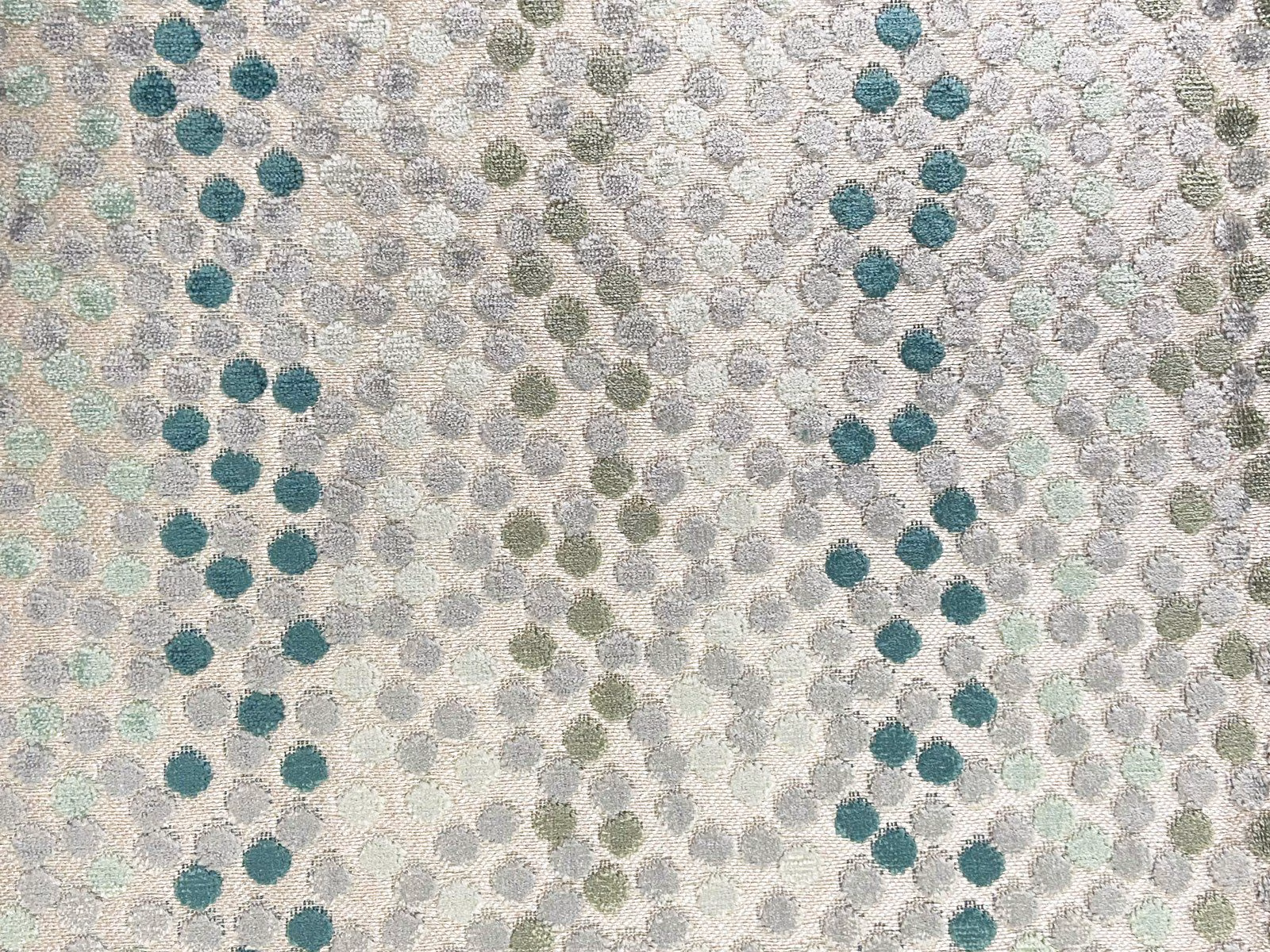 Pale aqua velvet with teal, sage and grey clustered circular motifs
