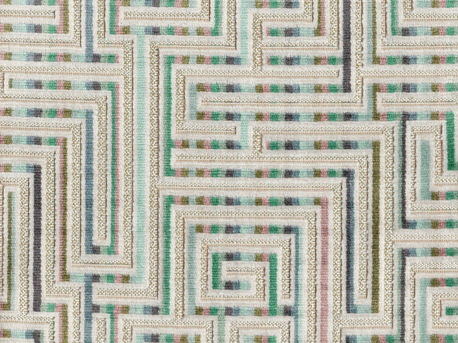Cream velvet with mint, taupe and blush maze-like geometric bands